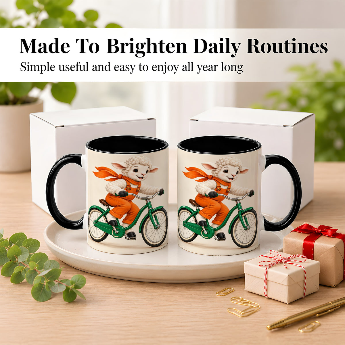 #pl[11oz|Black] Cycling Lamb Coffee Mug, Cute Bicycle Mug, Ceramic Cup for Happy Mornings