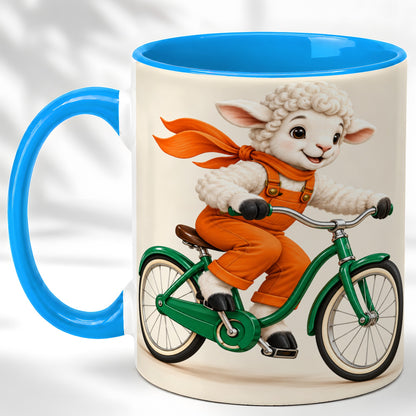 #pl[11oz|Blue] Cycling Lamb Coffee Mug, Cute Bicycle Mug, Ceramic Cup for Happy Mornings