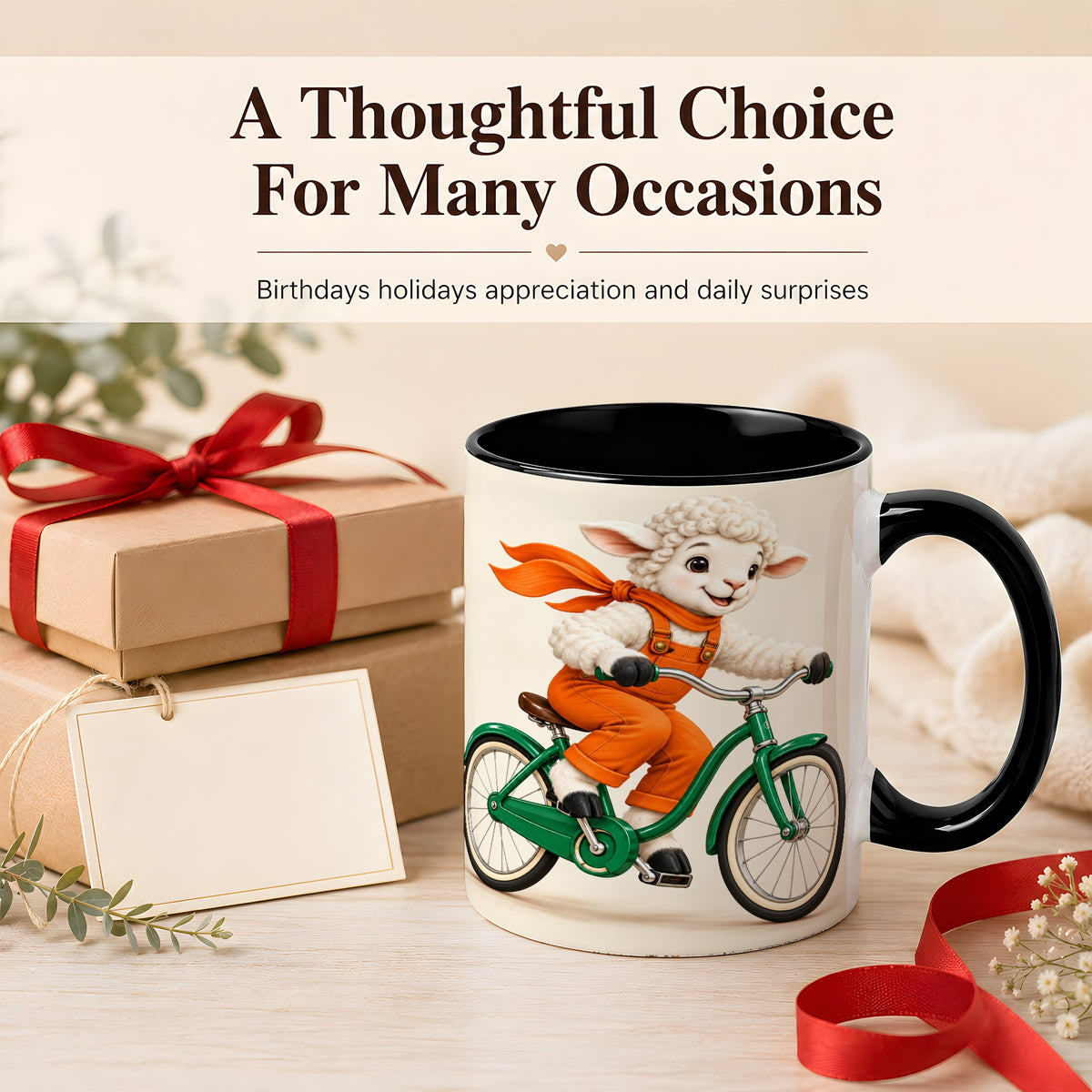 #pl[11oz|Black] Cycling Lamb Coffee Mug, Cute Bicycle Mug, Ceramic Cup for Happy Mornings