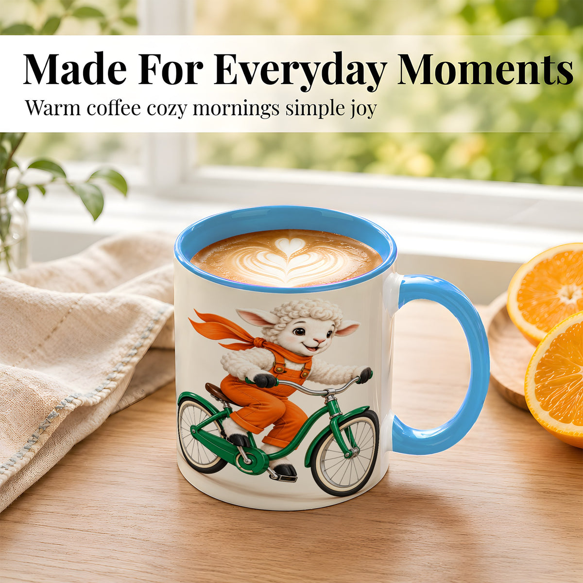 #pl[11oz|Blue] Cycling Lamb Coffee Mug, Cute Bicycle Mug, Ceramic Cup for Happy Mornings