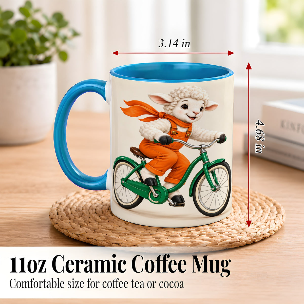 #pl[11oz|Blue] Cycling Lamb Coffee Mug, Cute Bicycle Mug, Ceramic Cup for Happy Mornings
