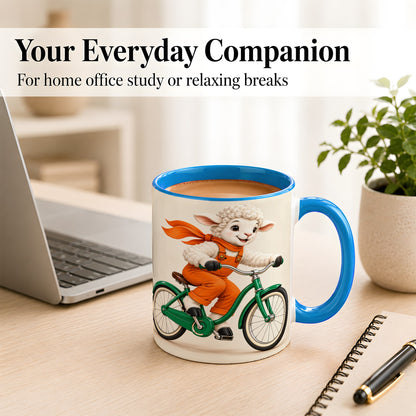 #pl[11oz|Blue] Cycling Lamb Coffee Mug, Cute Bicycle Mug, Ceramic Cup for Happy Mornings