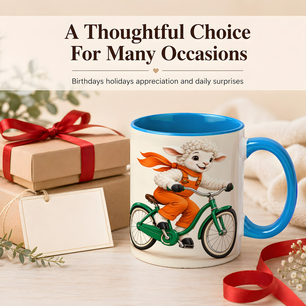 #pl[11oz|Blue] Cycling Lamb Coffee Mug, Cute Bicycle Mug, Ceramic Cup for Happy Mornings