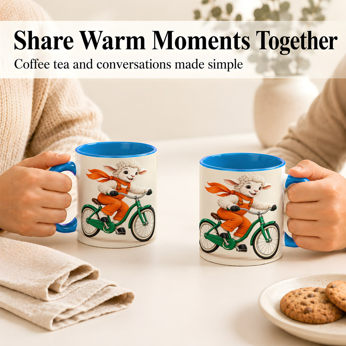 #pl[11oz|Blue] Cycling Lamb Coffee Mug, Cute Bicycle Mug, Ceramic Cup for Happy Mornings
