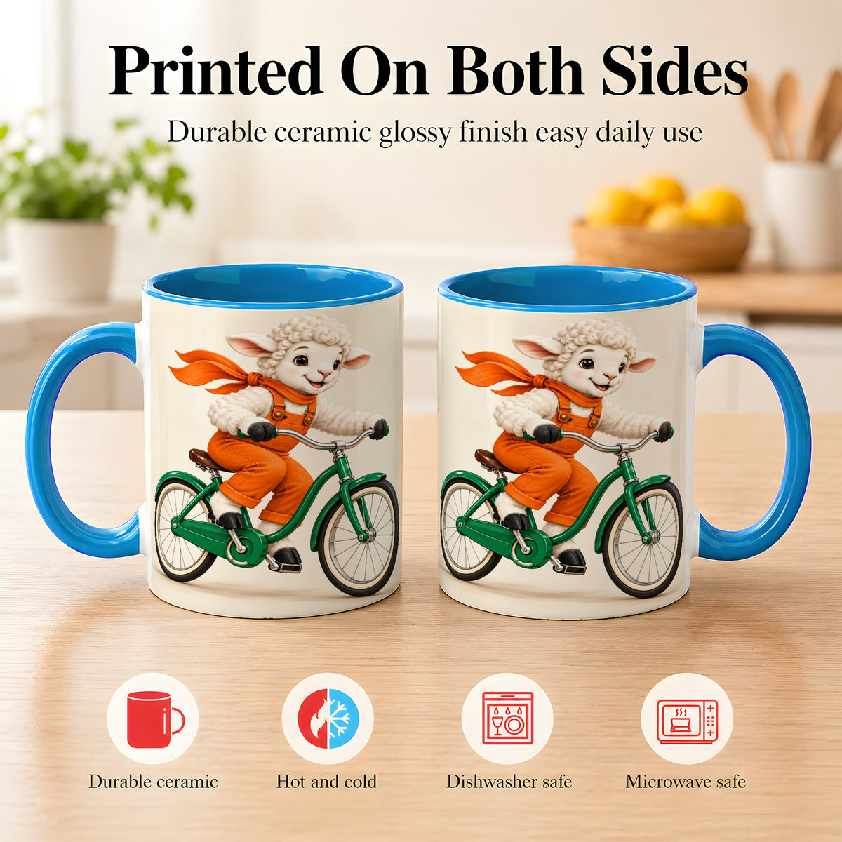 #pl[11oz|Blue] Cycling Lamb Coffee Mug, Cute Bicycle Mug, Ceramic Cup for Happy Mornings