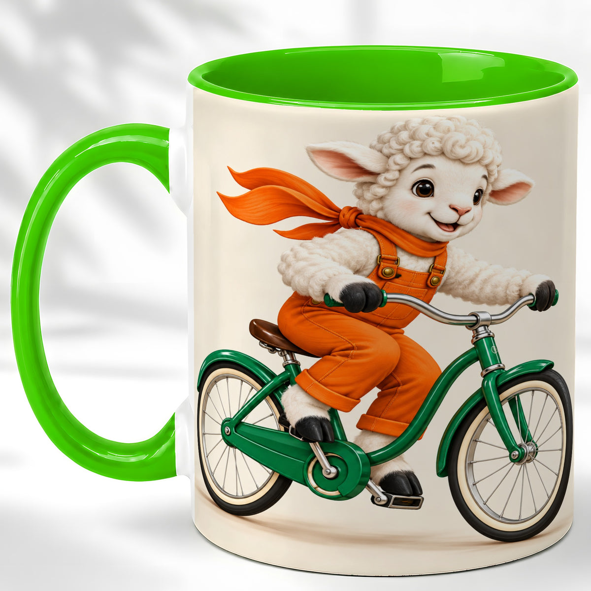 #pl[11oz|Green] Cycling Lamb Coffee Mug, Cute Bicycle Mug, Ceramic Cup for Happy Mornings