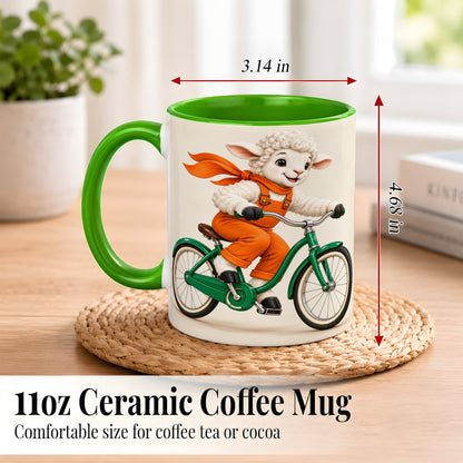 #pl[11oz|Green] Cycling Lamb Coffee Mug, Cute Bicycle Mug, Ceramic Cup for Happy Mornings
