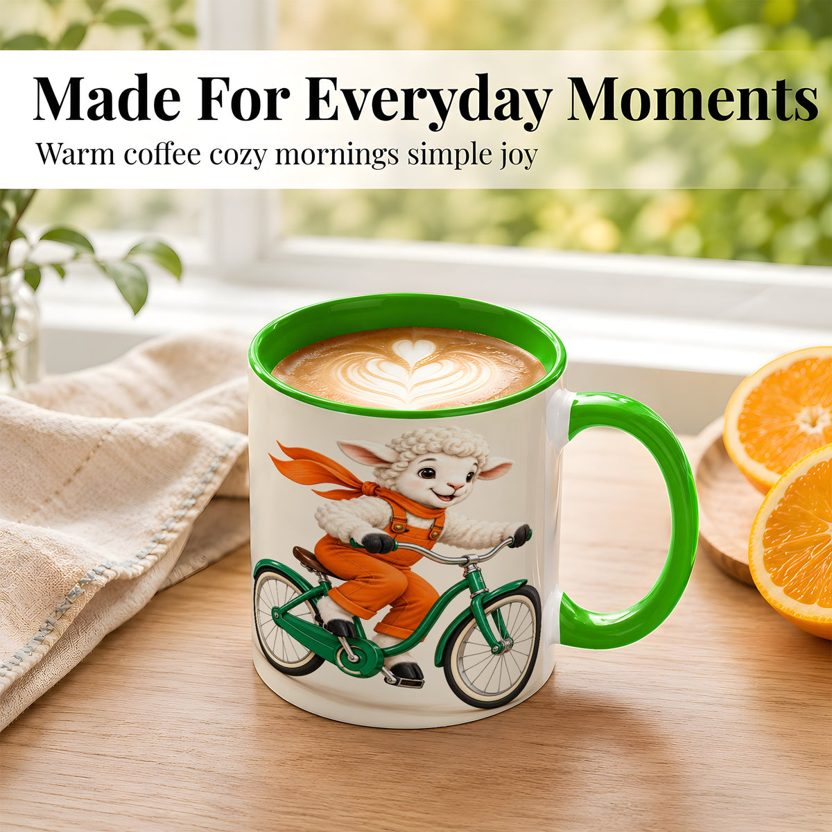 #pl[11oz|Green] Cycling Lamb Coffee Mug, Cute Bicycle Mug, Ceramic Cup for Happy Mornings