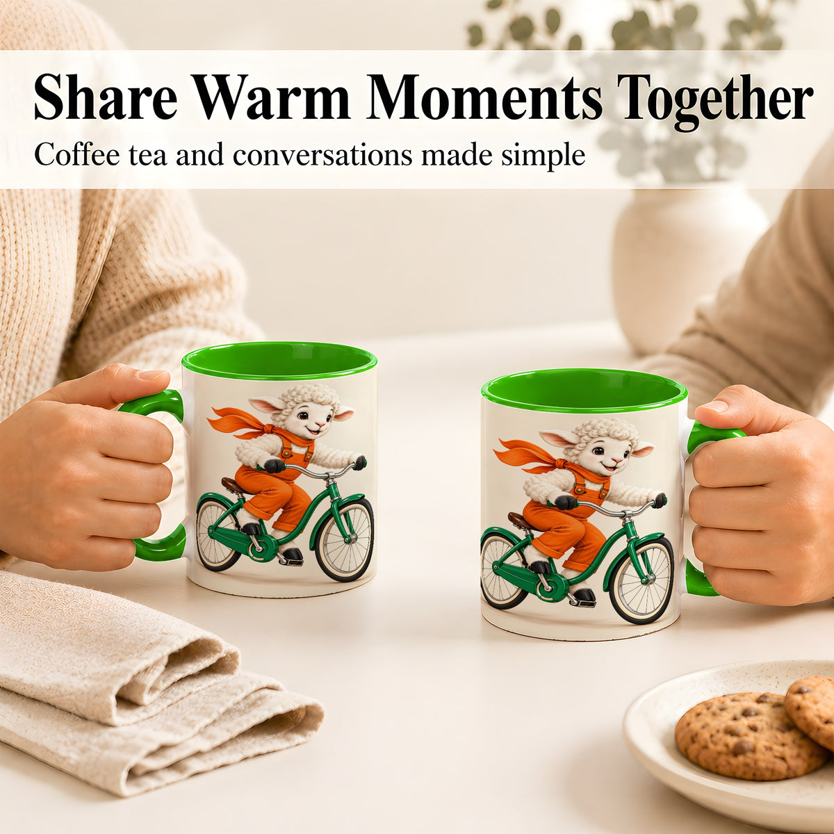 #pl[11oz|Green] Cycling Lamb Coffee Mug, Cute Bicycle Mug, Ceramic Cup for Happy Mornings