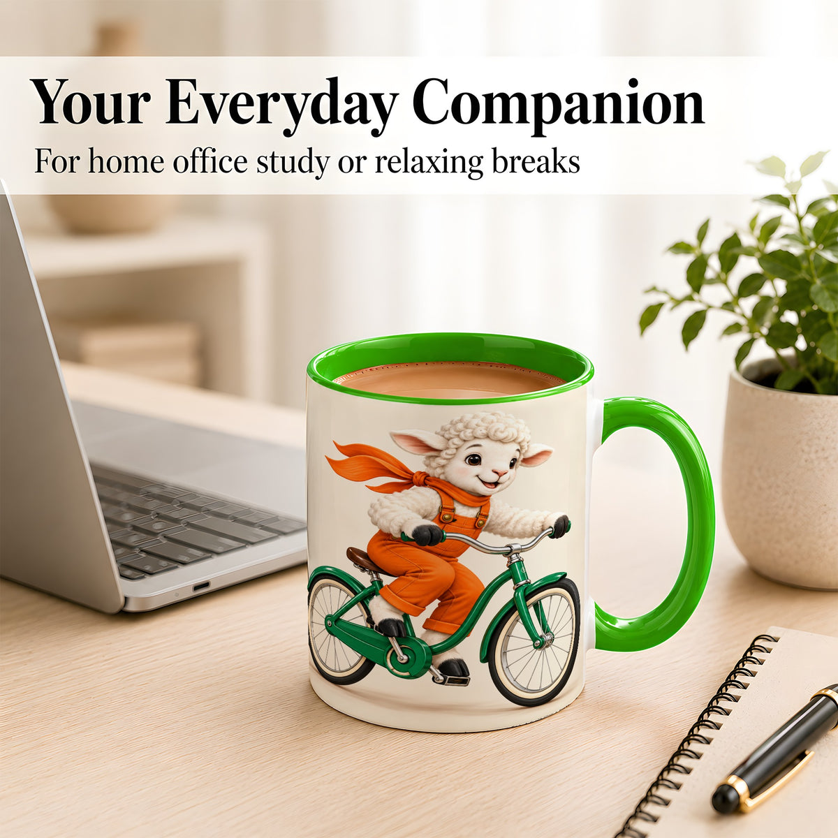#pl[11oz|Green] Cycling Lamb Coffee Mug, Cute Bicycle Mug, Ceramic Cup for Happy Mornings