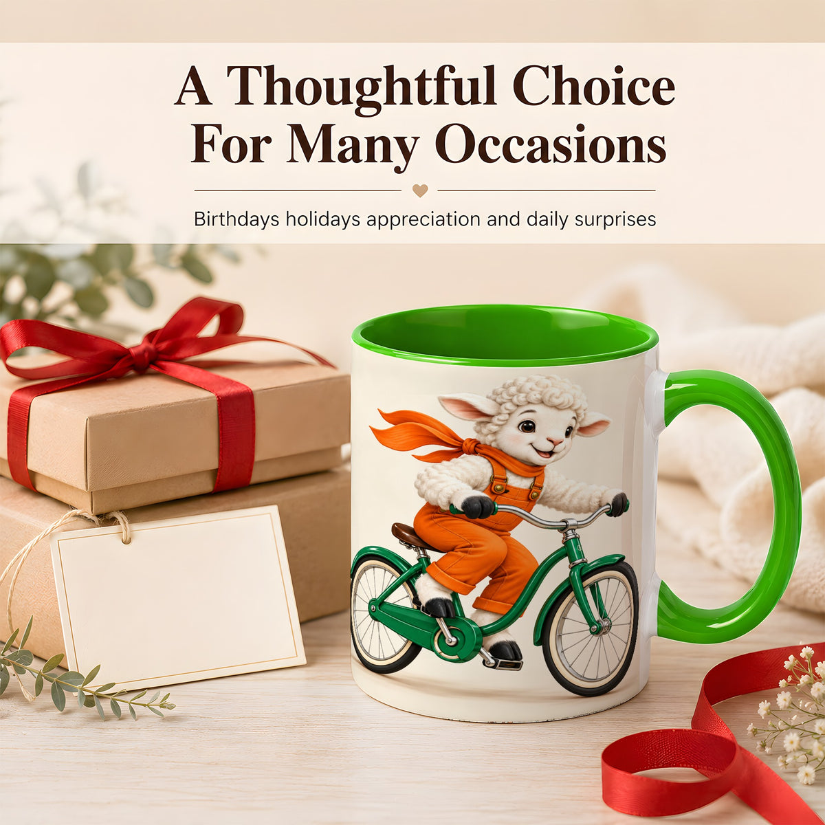 #pl[11oz|Green] Cycling Lamb Coffee Mug, Cute Bicycle Mug, Ceramic Cup for Happy Mornings