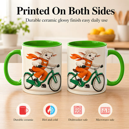 #pl[11oz|Green] Cycling Lamb Coffee Mug, Cute Bicycle Mug, Ceramic Cup for Happy Mornings