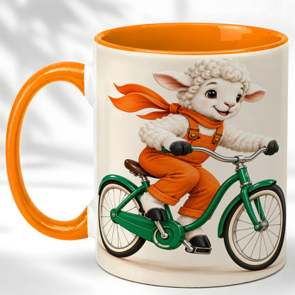 #pl[11oz|Orange] Cycling Lamb Coffee Mug, Cute Bicycle Mug, Ceramic Cup for Happy Mornings