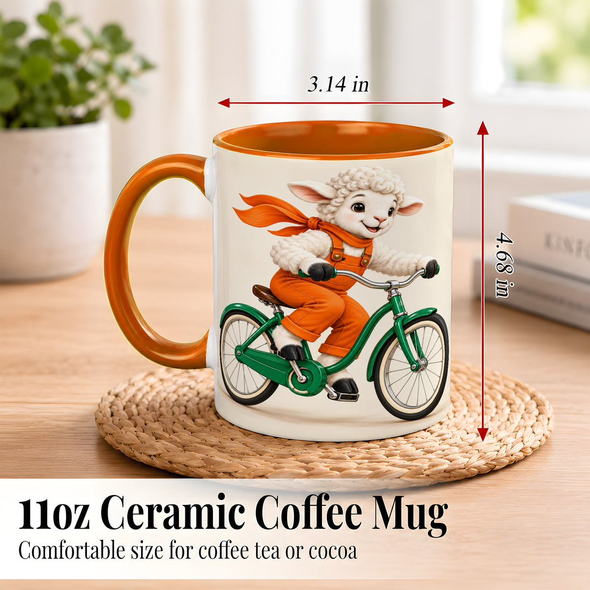 #pl[11oz|Orange] Cycling Lamb Coffee Mug, Cute Bicycle Mug, Ceramic Cup for Happy Mornings