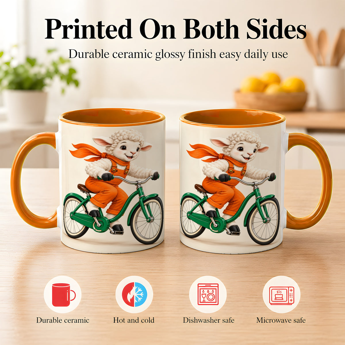 #pl[11oz|Orange] Cycling Lamb Coffee Mug, Cute Bicycle Mug, Ceramic Cup for Happy Mornings