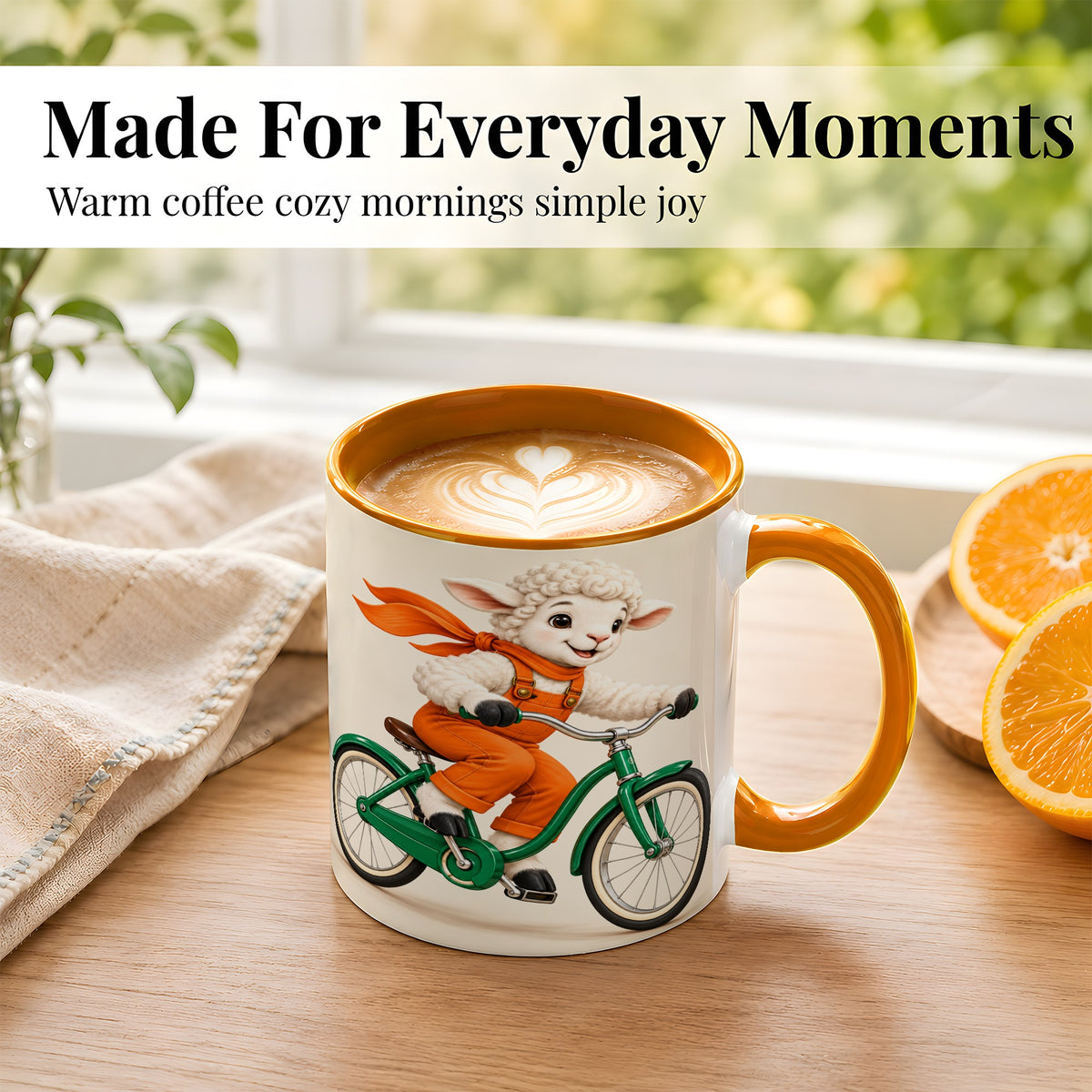 #pl[11oz|Orange] Cycling Lamb Coffee Mug, Cute Bicycle Mug, Ceramic Cup for Happy Mornings