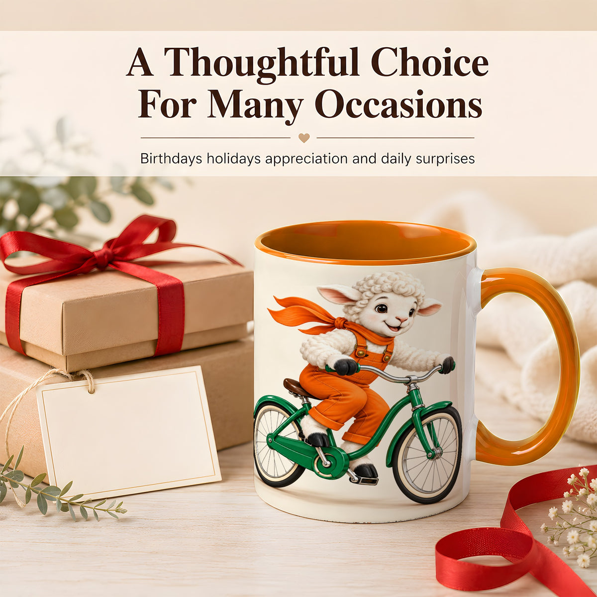 #pl[11oz|Orange] Cycling Lamb Coffee Mug, Cute Bicycle Mug, Ceramic Cup for Happy Mornings