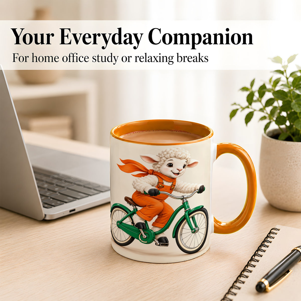 #pl[11oz|Orange] Cycling Lamb Coffee Mug, Cute Bicycle Mug, Ceramic Cup for Happy Mornings