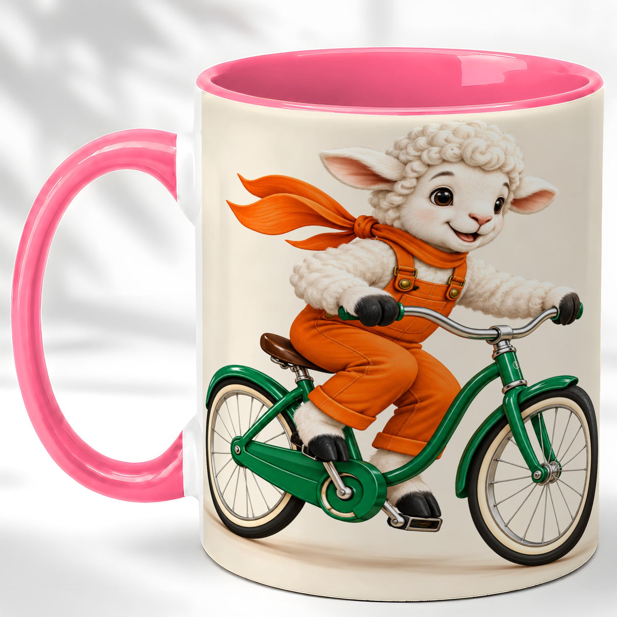 #pl[11oz|Pink] Cycling Lamb Coffee Mug, Cute Bicycle Mug, Ceramic Cup for Happy Mornings