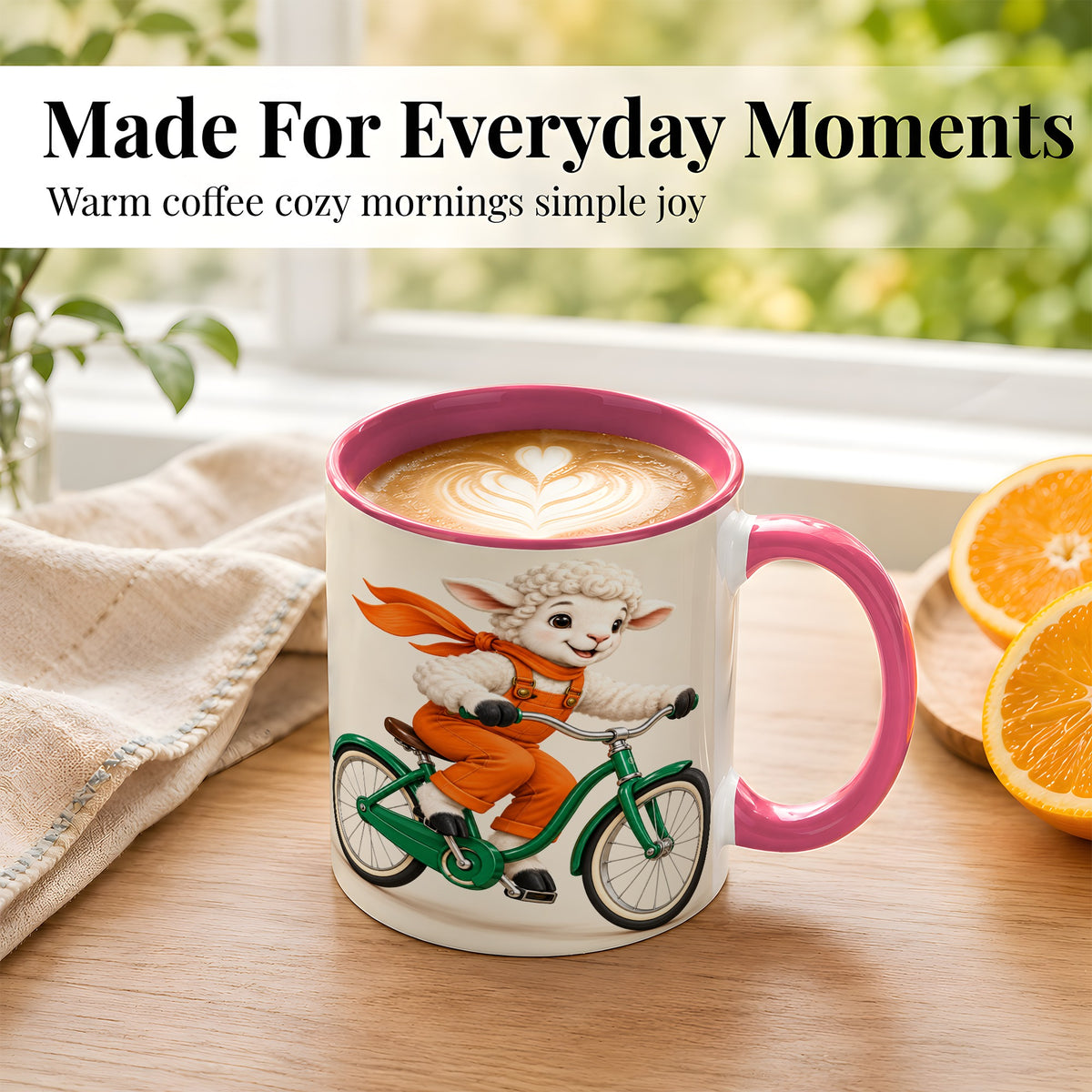 #pl[11oz|Pink] Cycling Lamb Coffee Mug, Cute Bicycle Mug, Ceramic Cup for Happy Mornings