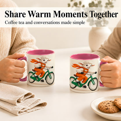 #pl[11oz|Pink] Cycling Lamb Coffee Mug, Cute Bicycle Mug, Ceramic Cup for Happy Mornings