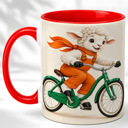 Cycling Lamb Coffee Mug, Cute Bicycle Mug, Ceramic Cup for Happy Mornings