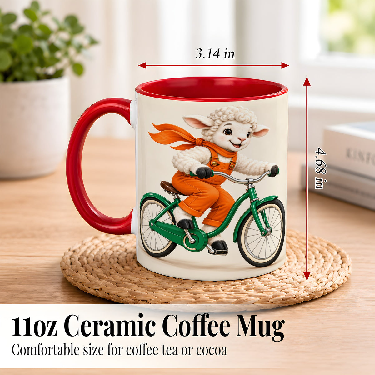#pl[11oz|Red] Cycling Lamb Coffee Mug, Cute Bicycle Mug, Ceramic Cup for Happy Mornings