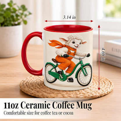 #pl[11oz|Red] Cycling Lamb Coffee Mug, Cute Bicycle Mug, Ceramic Cup for Happy Mornings
