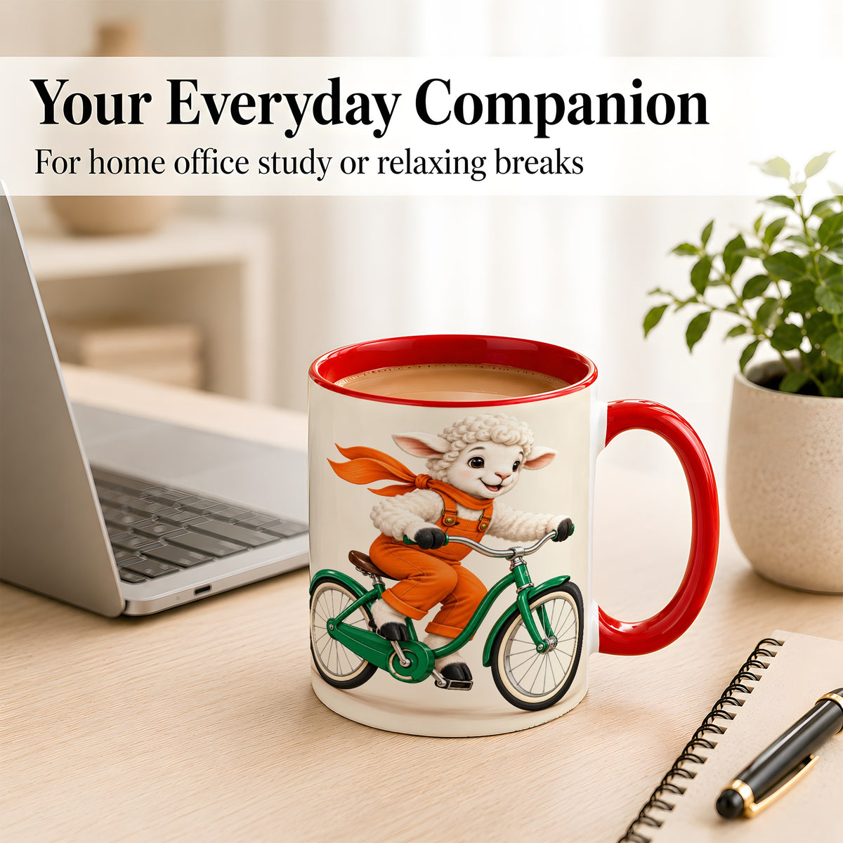 #pl[11oz|Red] Cycling Lamb Coffee Mug, Cute Bicycle Mug, Ceramic Cup for Happy Mornings