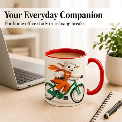 #pl[11oz|Red] Cycling Lamb Coffee Mug, Cute Bicycle Mug, Ceramic Cup for Happy Mornings