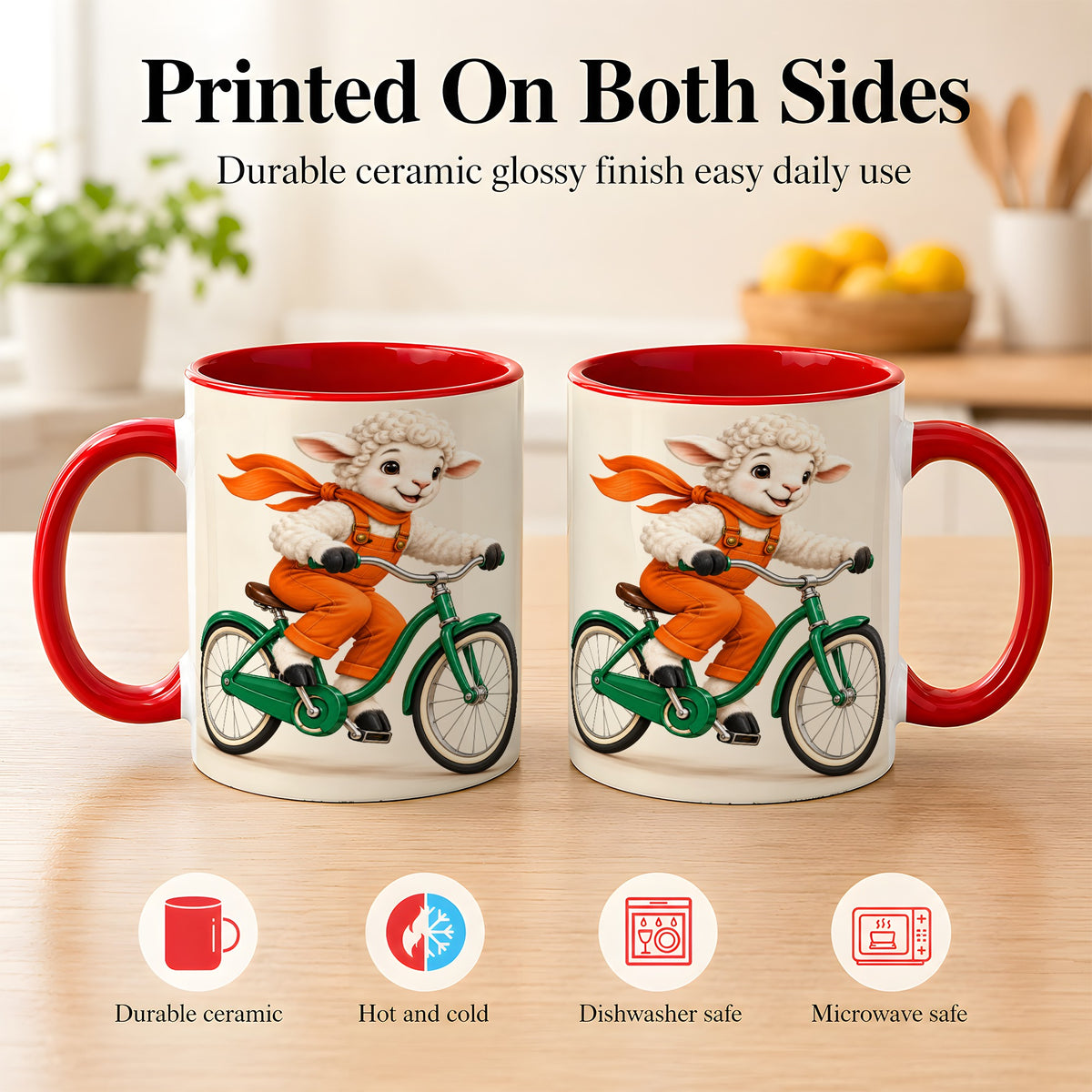 #pl[11oz|Red] Cycling Lamb Coffee Mug, Cute Bicycle Mug, Ceramic Cup for Happy Mornings