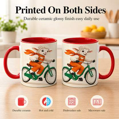 #pl[11oz|Red] Cycling Lamb Coffee Mug, Cute Bicycle Mug, Ceramic Cup for Happy Mornings