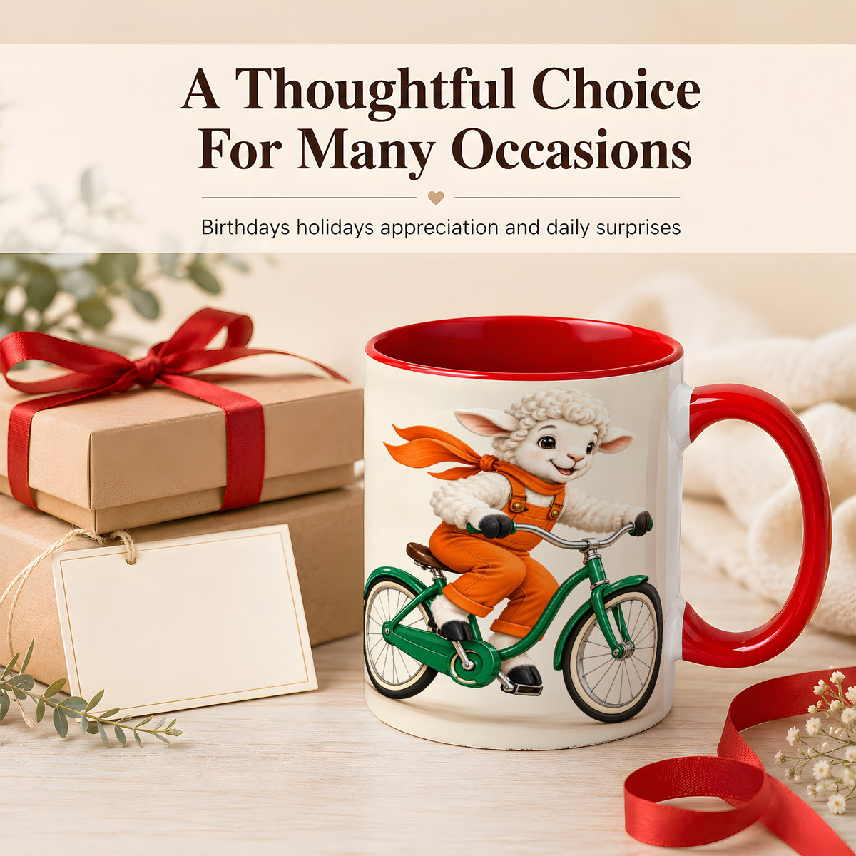#pl[11oz|Red] Cycling Lamb Coffee Mug, Cute Bicycle Mug, Ceramic Cup for Happy Mornings