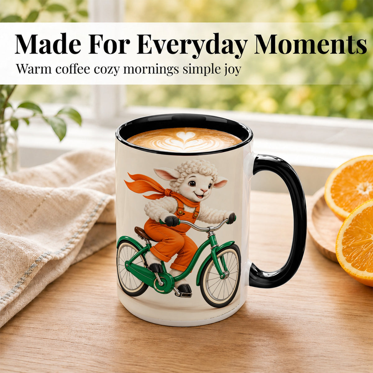 #pl[15oz|Black] Cycling Lamb Coffee Mug, Cute Bicycle Mug, Ceramic Cup for Happy Mornings