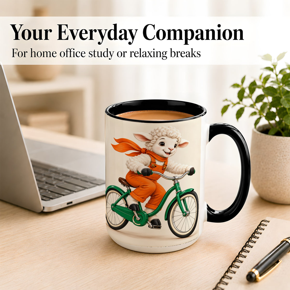 #pl[15oz|Black] Cycling Lamb Coffee Mug, Cute Bicycle Mug, Ceramic Cup for Happy Mornings