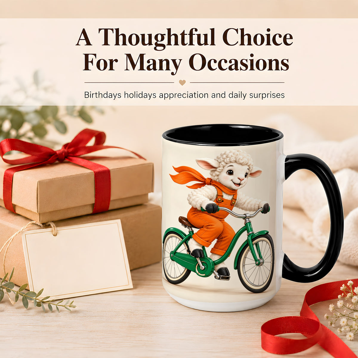 #pl[15oz|Black] Cycling Lamb Coffee Mug, Cute Bicycle Mug, Ceramic Cup for Happy Mornings