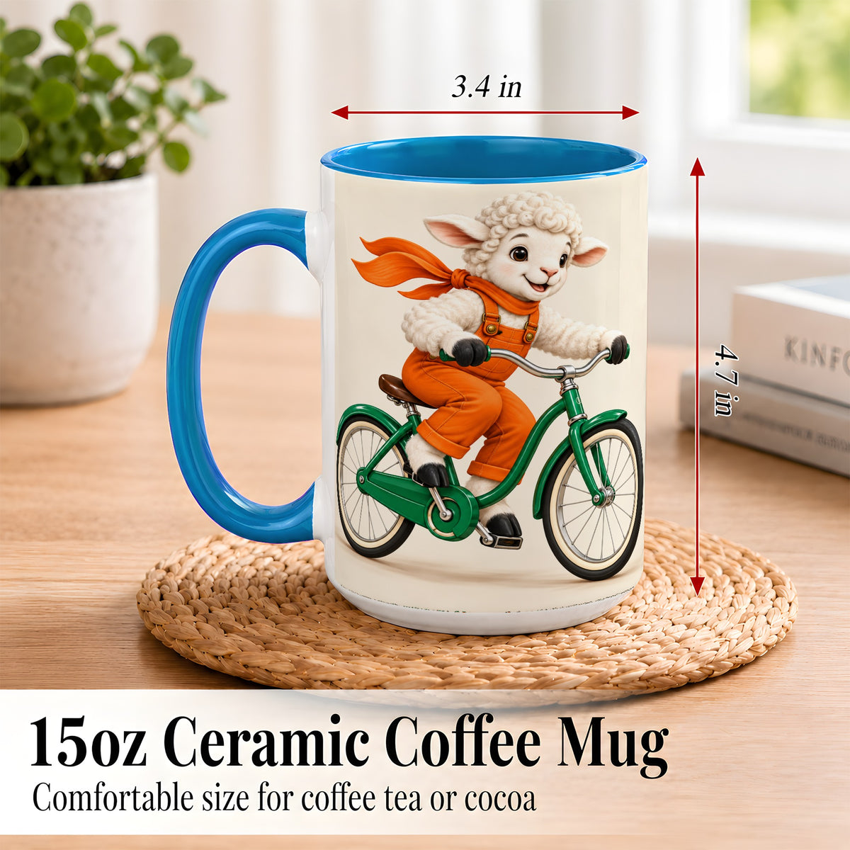 #pl[15oz|Blue] Cycling Lamb Coffee Mug, Cute Bicycle Mug, Ceramic Cup for Happy Mornings