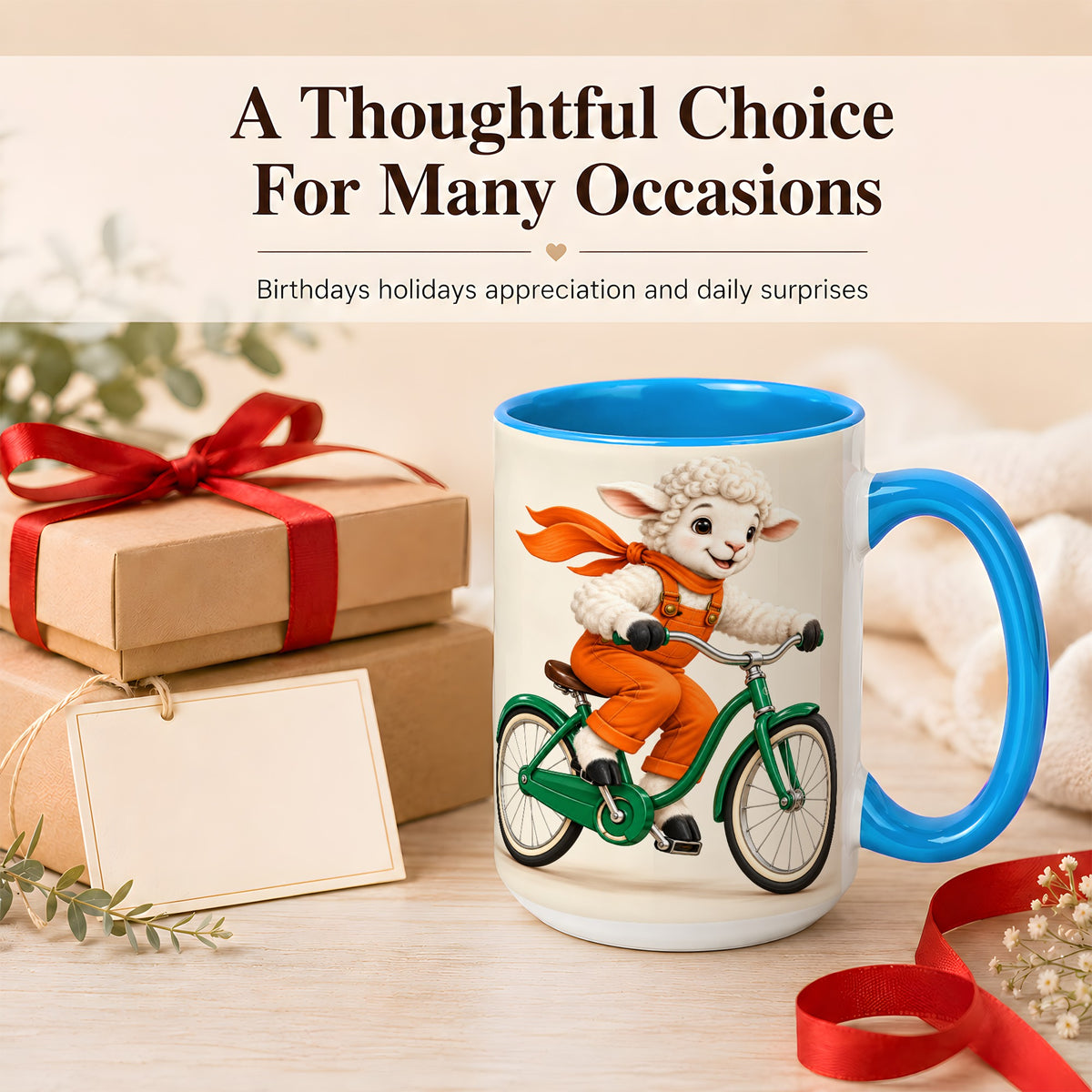 #pl[15oz|Blue] Cycling Lamb Coffee Mug, Cute Bicycle Mug, Ceramic Cup for Happy Mornings
