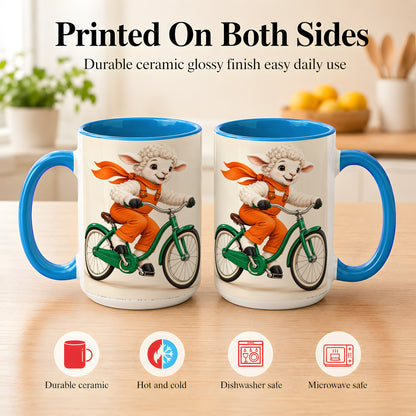 #pl[15oz|Blue] Cycling Lamb Coffee Mug, Cute Bicycle Mug, Ceramic Cup for Happy Mornings