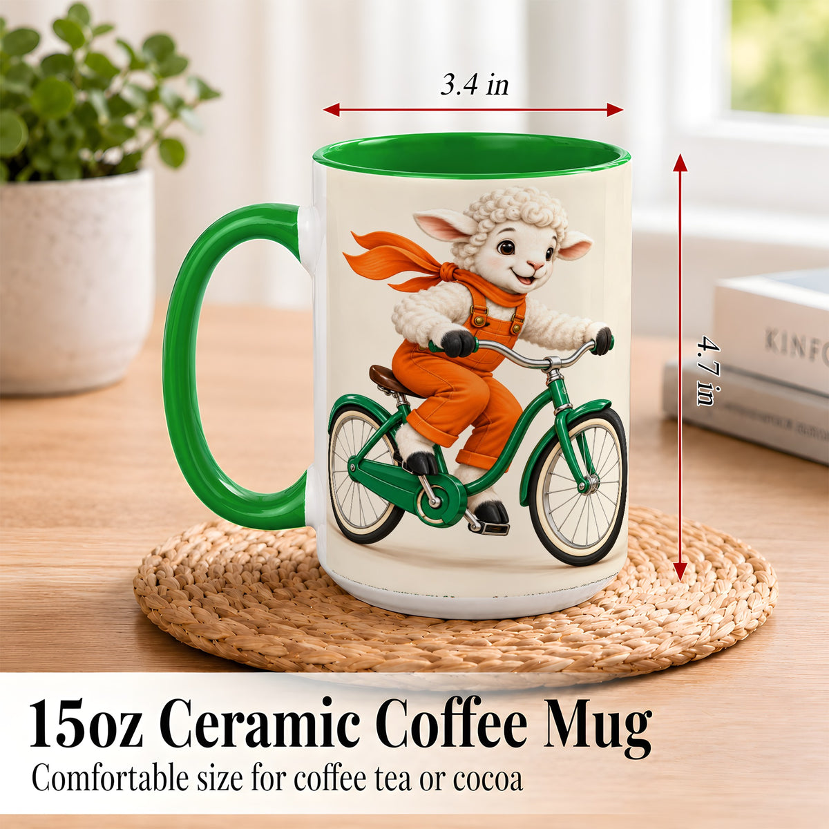 #pl[15oz|Green] Cycling Lamb Coffee Mug, Cute Bicycle Mug, Ceramic Cup for Happy Mornings