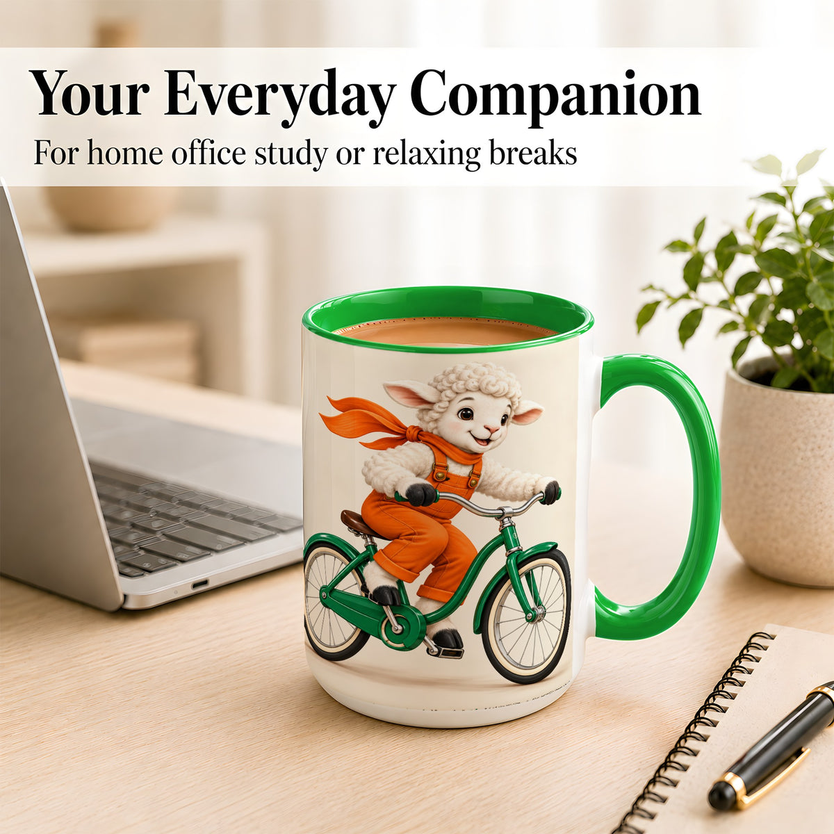 #pl[15oz|Green] Cycling Lamb Coffee Mug, Cute Bicycle Mug, Ceramic Cup for Happy Mornings