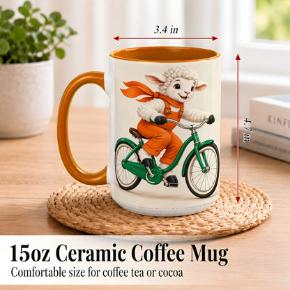 #pl[15oz|Orange] Cycling Lamb Coffee Mug, Cute Bicycle Mug, Ceramic Cup for Happy Mornings