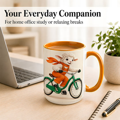 #pl[15oz|Orange] Cycling Lamb Coffee Mug, Cute Bicycle Mug, Ceramic Cup for Happy Mornings