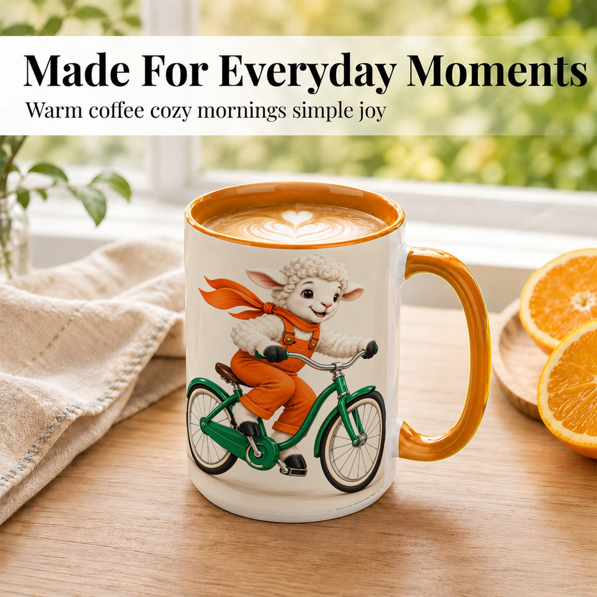 #pl[15oz|Orange] Cycling Lamb Coffee Mug, Cute Bicycle Mug, Ceramic Cup for Happy Mornings