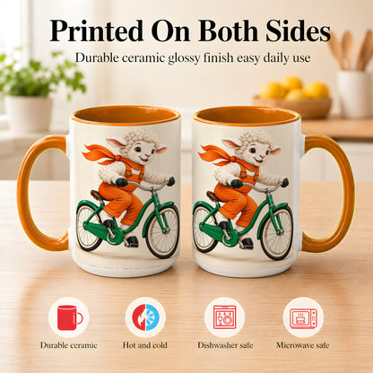 #pl[15oz|Orange] Cycling Lamb Coffee Mug, Cute Bicycle Mug, Ceramic Cup for Happy Mornings