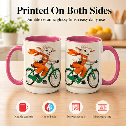 #pl[15oz|Pink] Cycling Lamb Coffee Mug, Cute Bicycle Mug, Ceramic Cup for Happy Mornings