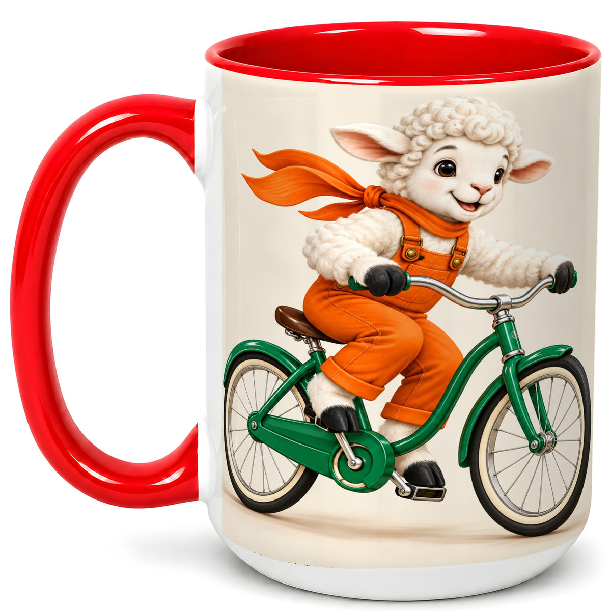 #pl[15oz|Red] Cycling Lamb Coffee Mug, Cute Bicycle Mug, Ceramic Cup for Happy Mornings