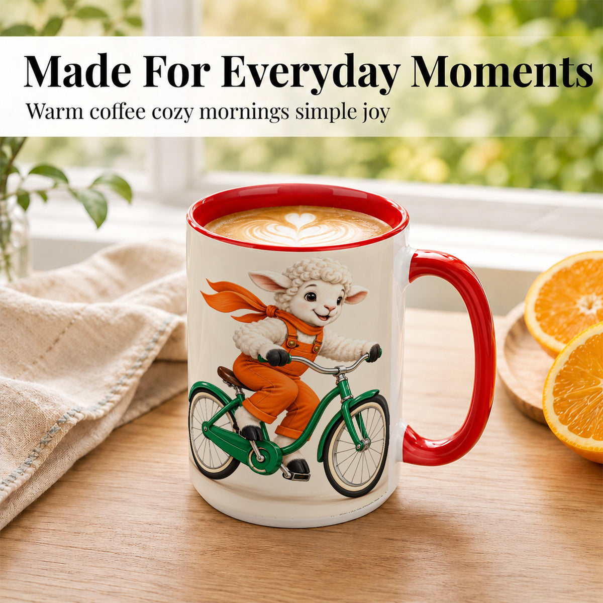 #pl[15oz|Red] Cycling Lamb Coffee Mug, Cute Bicycle Mug, Ceramic Cup for Happy Mornings