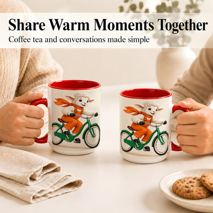 #pl[15oz|Red] Cycling Lamb Coffee Mug, Cute Bicycle Mug, Ceramic Cup for Happy Mornings