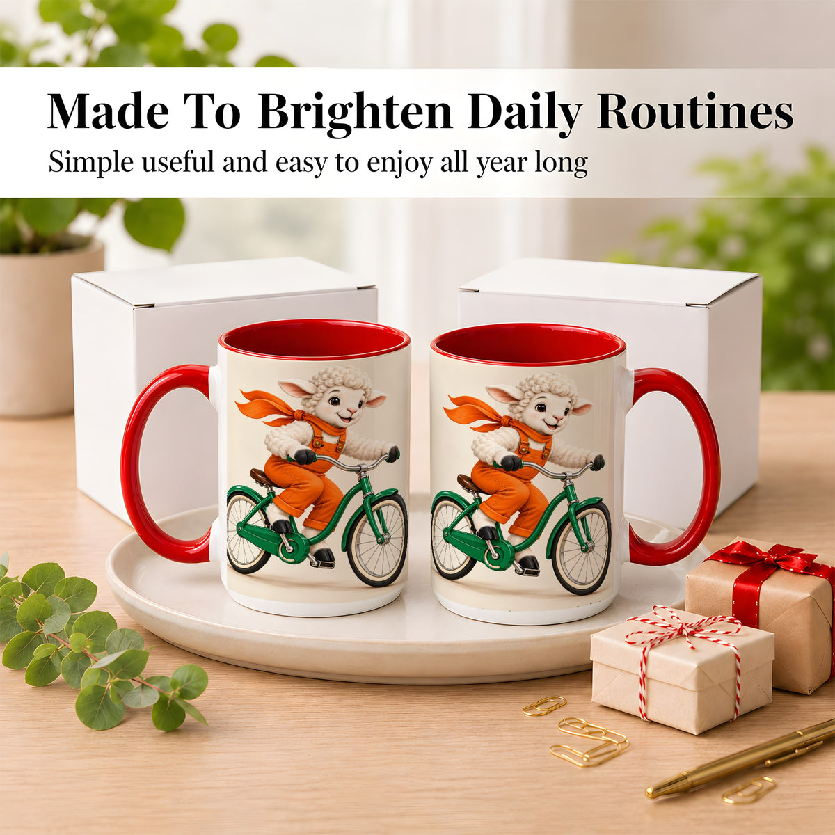 #pl[15oz|Red] Cycling Lamb Coffee Mug, Cute Bicycle Mug, Ceramic Cup for Happy Mornings